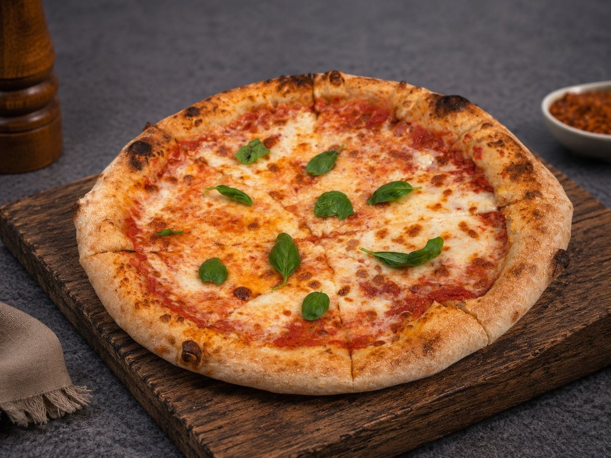 Margherita pizza on wooden board with tomato sauce, mozzarella, and fresh basil leaves