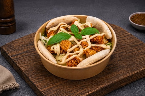 Crispy tofu bowl with white sauce drizzle and fresh basil garnish, served on wooden board
