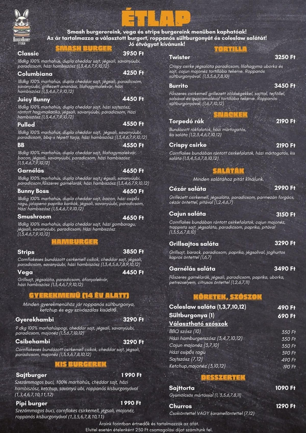 ETLAP burger restaurant menu in Hungarian listing various burgers, salads, soups, and desserts with prices in Forint