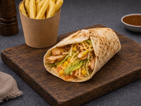 Wrapped chicken shawarma on a wooden board with French fries in a paper cup and dipping sauce on the side