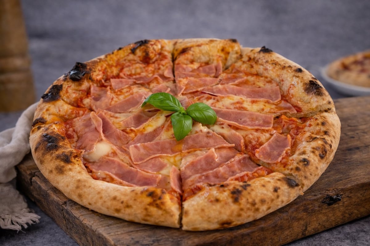 Neapolitan pizza with prosciutto and fresh basil on wooden serving board