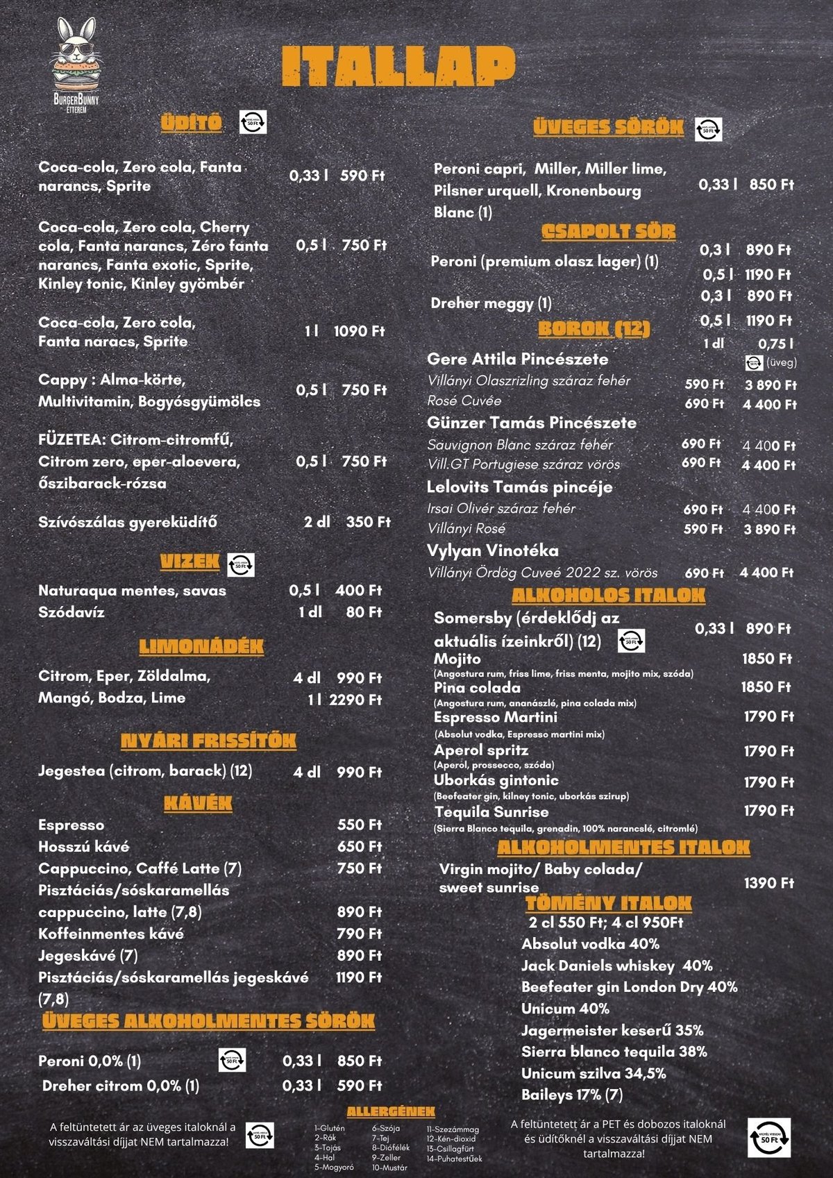 Menu board displaying Italian restaurant offerings with drinks, food items, and prices in Hungarian currency