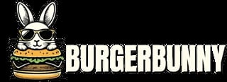 Cartoon bunny wearing sunglasses and holding a burger with BURGERBUNNY text on black background
