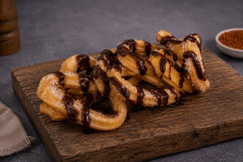 Churros drizzled with chocolate sauce on a wooden board, with cinnamon sugar and cocoa powder nearby